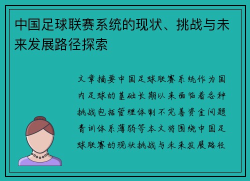 中国足球联赛系统的现状、挑战与未来发展路径探索