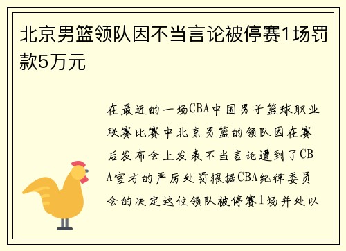 北京男篮领队因不当言论被停赛1场罚款5万元