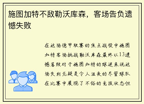 施图加特不敌勒沃库森，客场告负遗憾失败